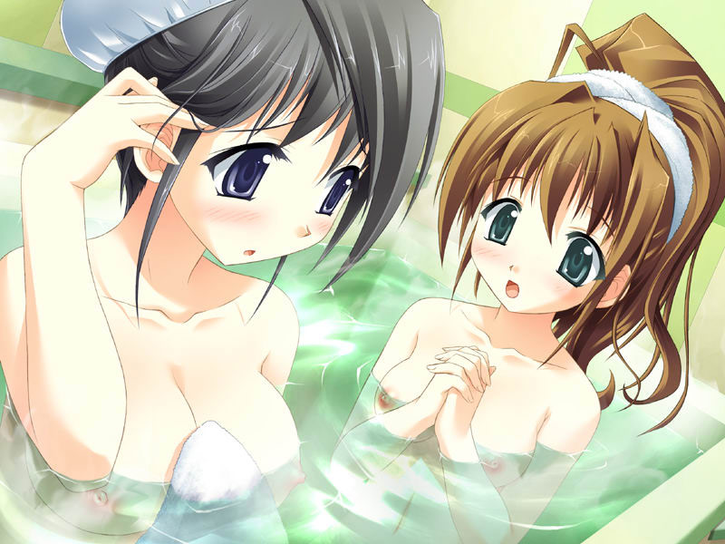yamino kenji, sakimine momoka, tokisaka hazuki, koimomo, game cg, 2girls, bath, black hair, breasts, brown hair, green eyes, large breasts, multiple girls, nipples, nude, onsen, purple eyes, small breasts, towel, water