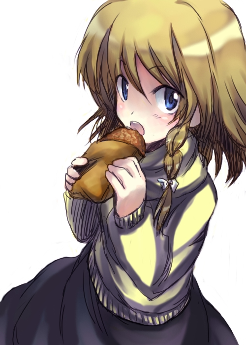 onimaru gonpei, kirisame marisa, touhou, 1girl, alternate costume, blonde hair, blue eyes, casual, eating, female focus, long hair, ribbon, short hair, simple background, skirt, solo, sweater, white background