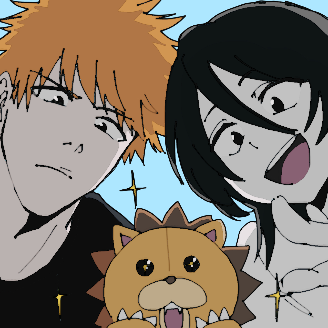 nil note0, kon (bleach), kuchiki rukia, kurosaki ichigo, bleach, commentary request, highres, >:(, + +, 1boy, 1girl, :d, black eyes, black hair, blue background, closed mouth, double-parted bangs, fangs, frown, hair between eyes, happy, looking at viewer, looking down, medium hair, open mouth, orange hair, portrait, serious, short hair, simple background, smile, sparkle, spiked hair, stuffed animal, stuffed lion, stuffed toy, teeth, tsurime, upper teeth only, v-shaped eyebrows