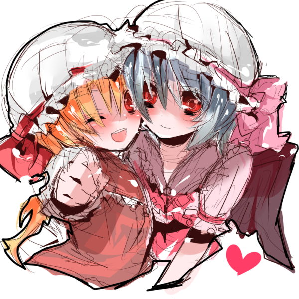i chi, ichi (antonym), flandre scarlet, remilia scarlet, touhou, bad id, bad pixiv id, 2girls, blonde hair, blue hair, female focus, hat, mob cap, multiple girls, ribbon, siblings, sisters, upper body, white background, wings