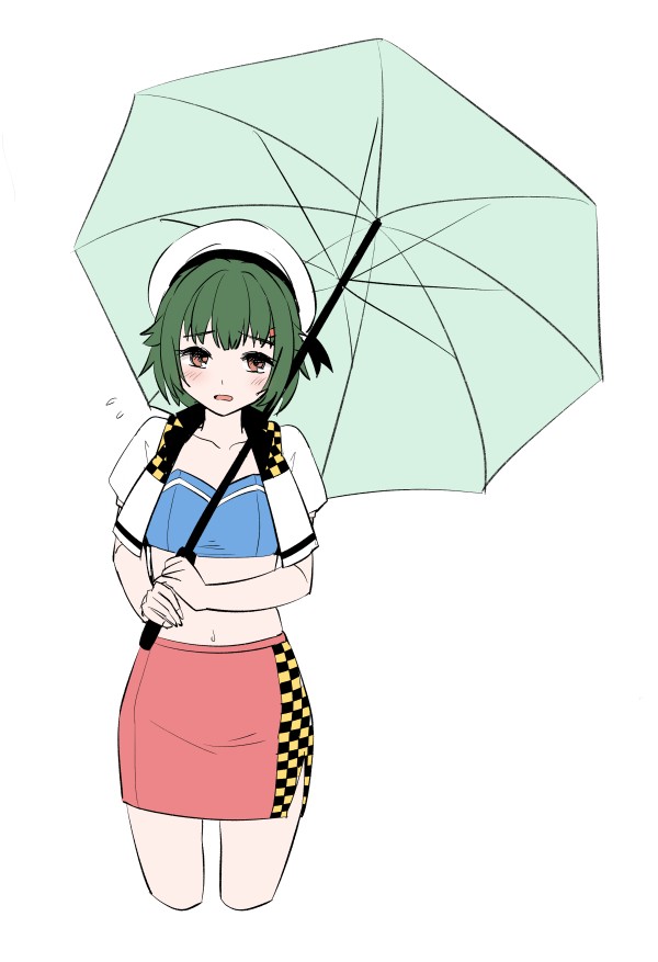 tamu (mad works), noumi (kancolle), kantai collection, commentary request, 1girl, alternate costume, blue tube top, cropped jacket, cropped legs, dress, green hair, hat, race queen, red dress, red eyes, sailor hat, short hair, simple background, solo, strapless, tube top, umbrella, white background, white hat, whtie jacket