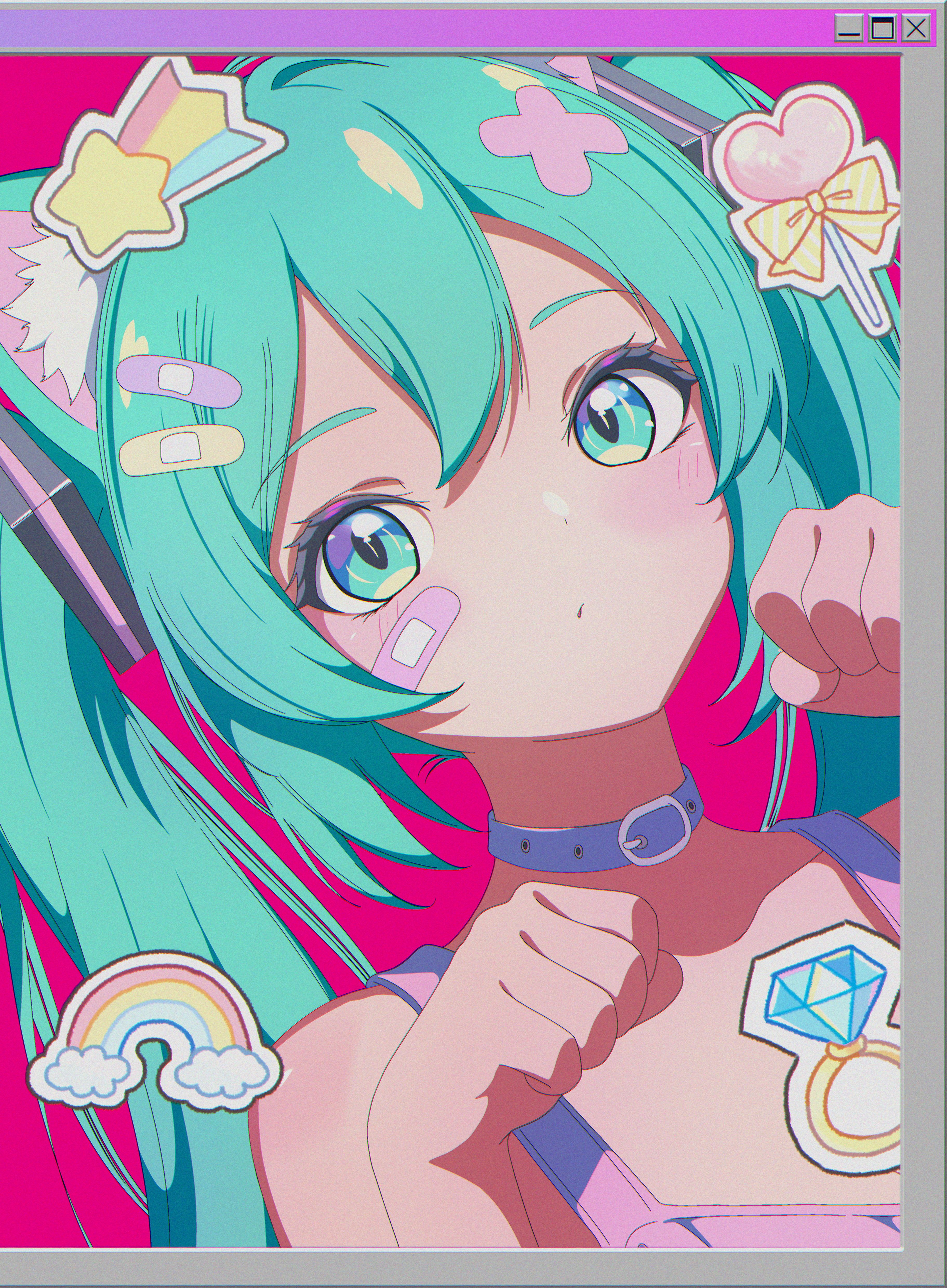 hatsune miku, vocaloid, absurdres, highres, 1girl, animal ear fluff, animal ears, aqua eyes, aqua hair, bandaid, bandaid on face, bandaid on hair, bare shoulders, blue choker, blush, cat ears, choker, collarbone, gradient eyes, long hair, looking at viewer, multicolored eyes, nbnyannyan, overalls, parody, paw pose, pink overalls, portrait, rainbow print, red background, simple background, solo, sticker, style parody, twintails, window (computing)