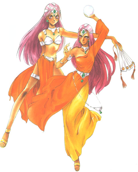 manya (dq4), minea (dq4), chunsoft, dragon quest, dragon quest iv, enix, 2girls, belly chain, bikini, bikini top only, circlet, crystal ball, dancer, dark-skinned female, dark skin, dress, earrings, folding fan, hand fan, hat, jewelry, long hair, lots of jewelry, multiple girls, pelvic curtain, purple eyes, purple hair, sandals, siblings, sisters, swimsuit, tiara, yellow dress