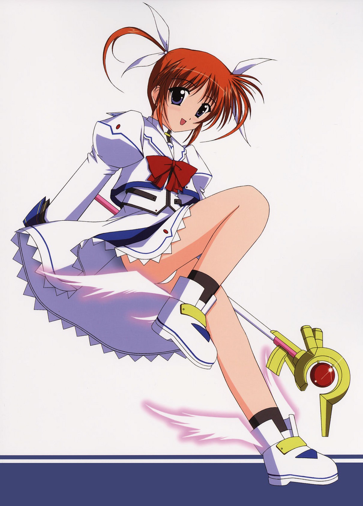raising heart, raising heart (accel mode), takamachi nanoha, takamachi nanoha (sacred mode), lyrical nanoha, mahou shoujo lyrical nanoha, mahou shoujo lyrical nanoha a's, winged footwear, highres, 00s, 1girl, blue eyes, bow, female focus, magazine (weapon), magical girl, panties, pantyshot, purple eyes, red bow, red hair, ribbon, shoes, solo, twintails, underwear, wings