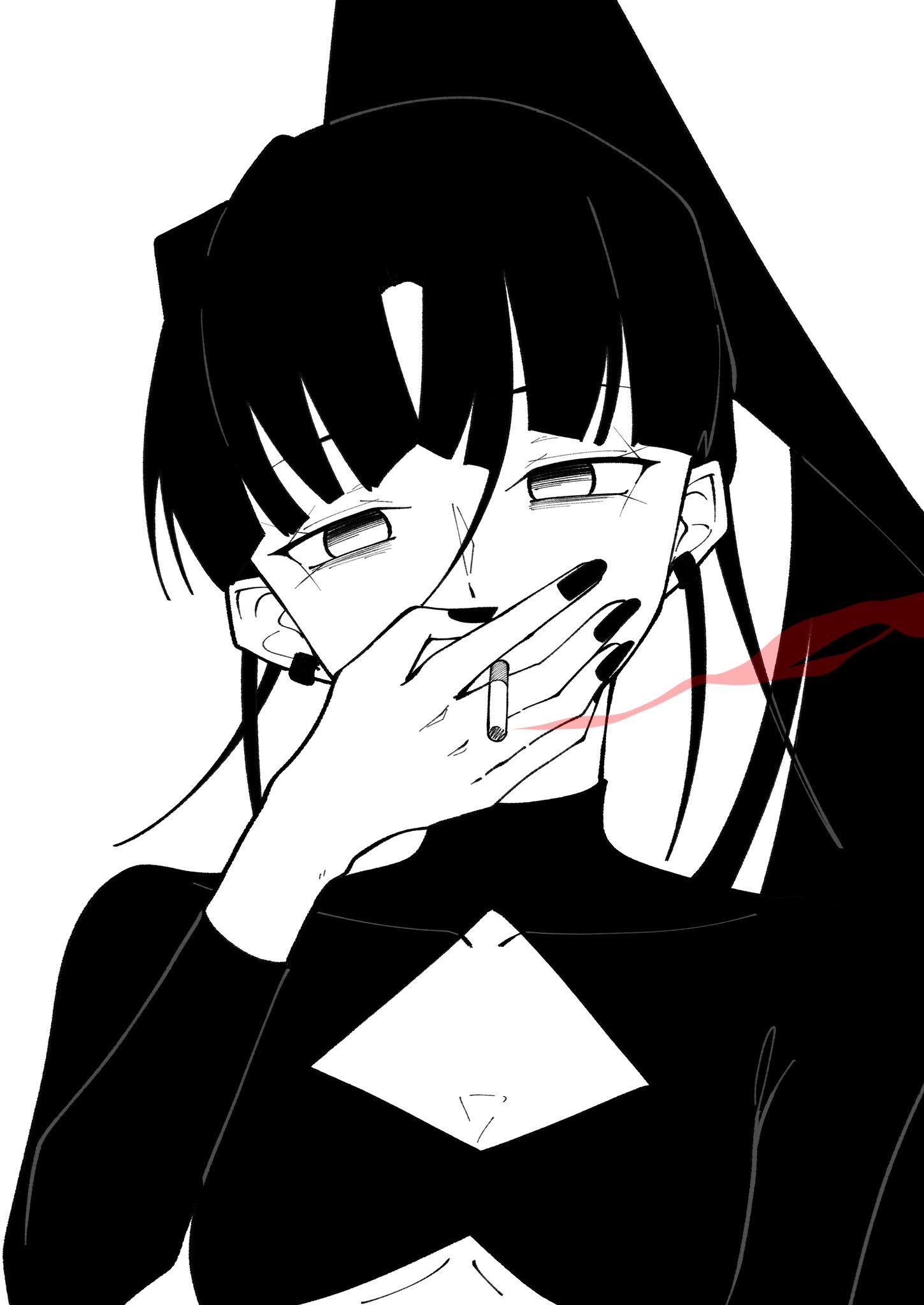 nori (norinori yrl), naima (ado), ado (utaite), usseewa, commentary, highres, symbol-only commentary, 1girl, breasts, cigarette, colored smoke, greyscale, hair between eyes, long hair, looking at viewer, monochrome, ponytail, simple background, small breasts, smoke, solo, spot color, underboob, upper body, white background