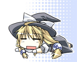 yuuki eishi, kirisame marisa, touhou, bad id, bad pixiv id, lowres, 1girl, blonde hair, chibi, female focus, full body, halftone, halftone background, hat, ribbon, solo, white background