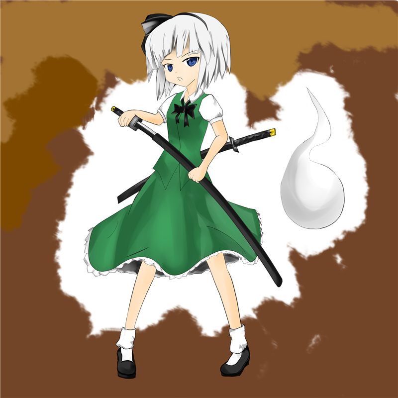 risshu, konpaku youmu, konpaku youmu (ghost), touhou, bad id, bad pixiv id, 1girl, female focus, ghost, hairband, hitodama, katana, school uniform, serafuku, sheath, short hair, solo, sword, unsheathing, weapon, white hair