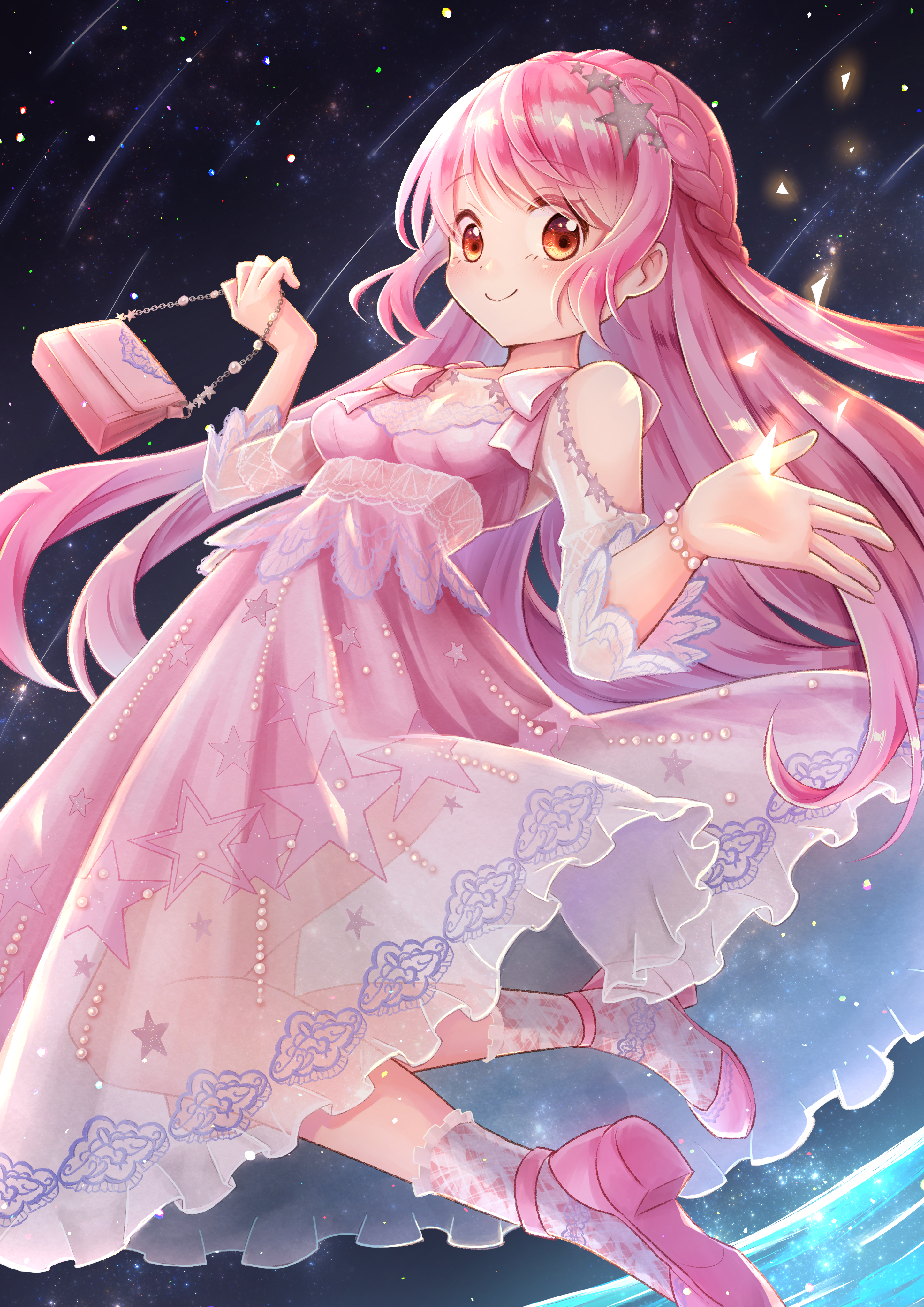 tomoe (pixiv 53856103), nikki (nikki), nikki (series), shining nikki, absurdres, commentary request, highres, 1girl, bag, bare shoulders, brown eyes, closed mouth, clothing cutout, dress, eyelashes, floating clothes, frilled dress, frills, full body, hair ornament, handbag, happy, high heels, holding, holding bag, jumping, lace socks, long hair, long sleeves, looking at viewer, magic, medium dress, meteor shower, neck tassel, night, night sky, outdoors, pink bag, pink dress, pink hair, pink shoes, pleated dress, pumps, shoes, shoulder cutout, sky, smile, socks, solo, star (sky), star (symbol), star hair ornament, star print, starry sky, tassel, twinkle twinkle (shining nikki), very long hair, water, white socks