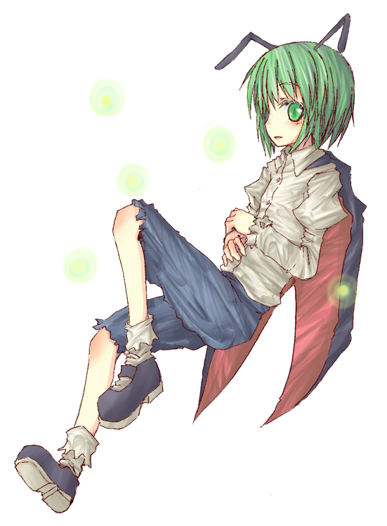 natsuk, wriggle nightbug, touhou, bad id, bad pixiv id, 1girl, antennae, arthropod girl, blouse, cape, female focus, floating, green eyes, green hair, matching hair/eyes, shirt, simple background, socks, solo, torn clothes, torn socks, white background, white shirt