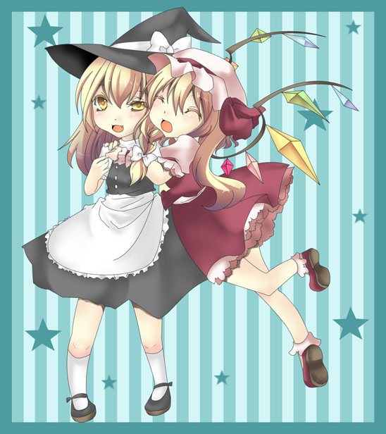 uri (naduki), flandre scarlet, kirisame marisa, touhou, white legwear, bad id, bad pixiv id, 2girls, ^ ^, aqua background, blonde hair, braid, closed eyes, female focus, full body, hat, kneehighs, long hair, mob cap, multiple girls, ribbon, short hair, side braid, socks, star (symbol), star symbol background, wings, witch, witch hat, yuri