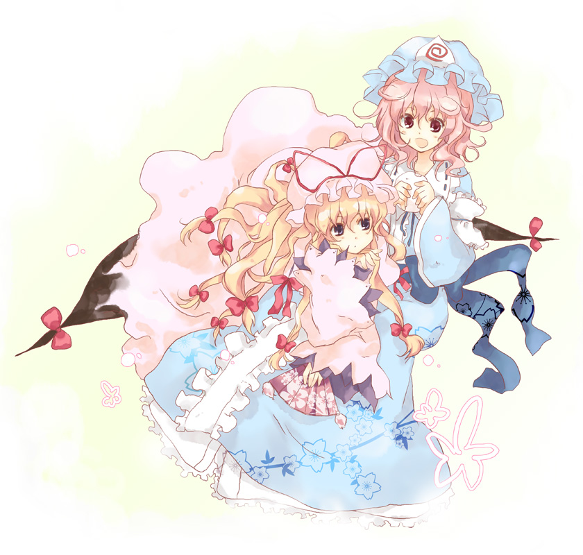 akarino, akarino (yucco), saigyouji yuyuko, yakumo yukari, touhou, 2girls, blonde hair, dress, female focus, gradient background, hat, japanese clothes, kimono, long hair, multiple girls, purple hair, ribbon, short hair, white background