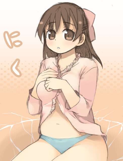 kashiwamochi yomogi, aoi minamo, original, real drive, 1girl, belly, bow, breasts, brown eyes, brown hair, female focus, hair ribbon, long hair, medium breasts, navel, open clothes, open shirt, panties, parted lips, pink bow, plump, ribbon, shirt, sitting, solo, underwear