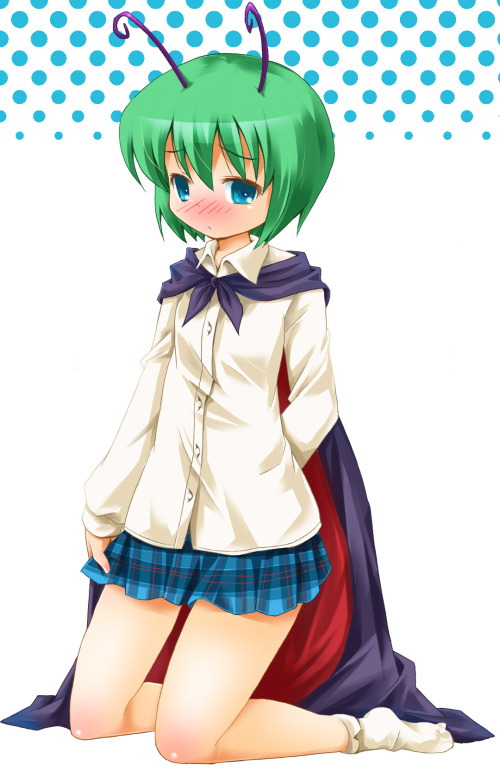 michii yuuki, wriggle nightbug, touhou, 1girl, alternate costume, antennae, arthropod girl, blush, embarrassed, female focus, full body, halftone, halftone background, plaid clothes, plaid skirt, skirt, socks, solo, white background