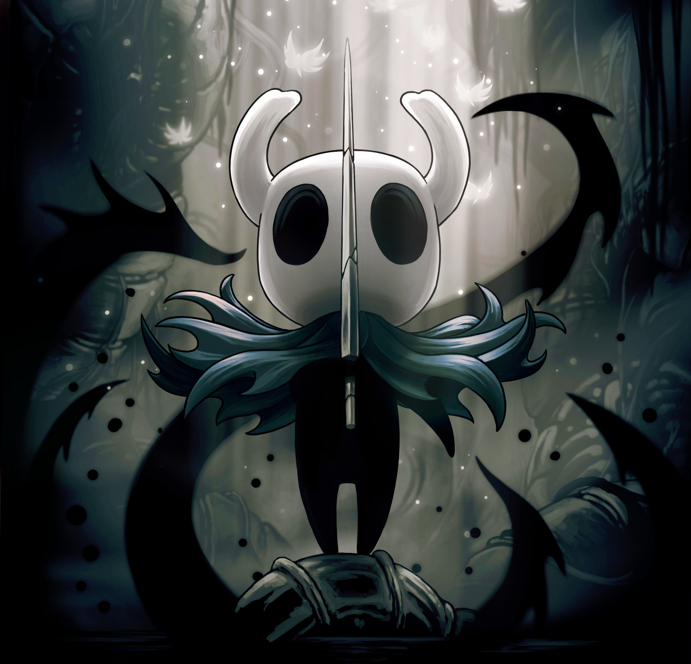knight (hollow knight), hollow knight, highres, official art, promotional art, 1other, ari gibson, bug, cloak, damaged, darkness, grey cloak, holding, holding weapon, hollow eyes, horned mask, light particles, light rays, mask, nail (hollow knight), old nail (hollow knight), shell, solid oval eyes, solo, standing, straight-on, tendril, weapon, white mask