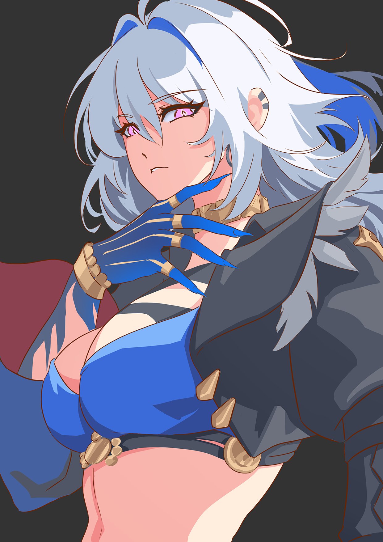 hoavu, galbrena (wuthering waves), wuthering waves, highres, 1girl, black background, black jacket, blue bra, blue nails, bra, breasts, cleavage, collarbone, cropped jacket, earrings, feather hair, gold choker, grey hair, hair between eyes, hair intakes, jacket, jewelry, large breasts, long hair, looking at viewer, purple eyes, simple background, solo, stomach, underwear, upper body, very long fingernails