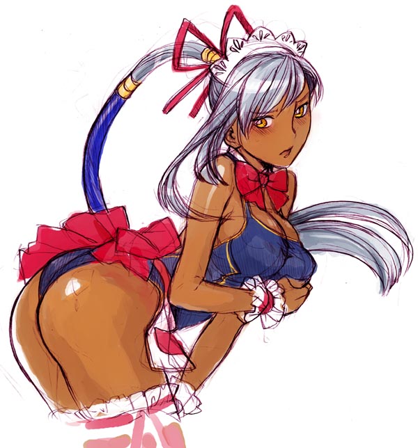 nekomata naomi, villetta nu, code geass, silver hair, 00s, 1girl, breasts, cleavage, dark-skinned female, dark skin, female focus, large breasts, long hair, maid, one-piece swimsuit, ponytail, solo, swimsuit, thighhighs, yellow eyes