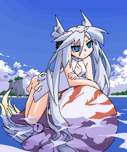 mof, mof's silver haired twintailed girl, original, silver hair, lowres, 1girl, bare shoulders, barefoot, beach, blue eyes, bow, casual one-piece swimsuit, cleavage cutout, clothing cutout, crossed arms, female focus, flat chest, hair bow, long hair, nature, ocean, oekaki, one-piece swimsuit, outdoors, plant, riding, sky, solo, swimsuit, very long hair, water