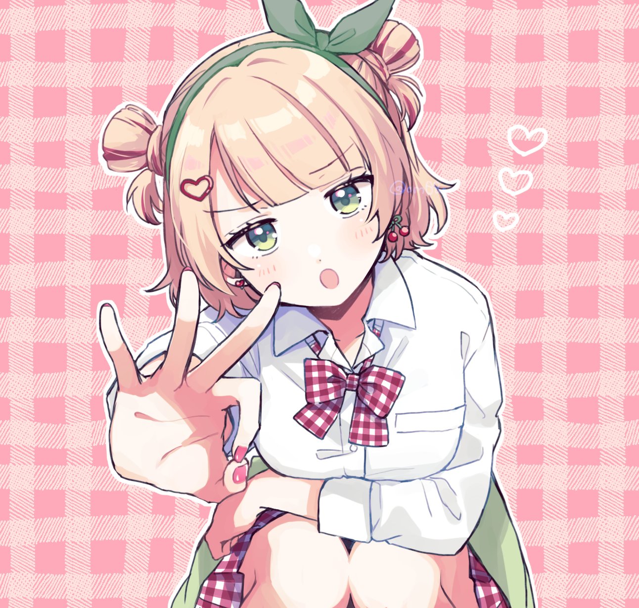 yasushi (yssm8), shigure ui (vtuber), cherry pop (vocaloid), indie virtual youtuber, commentary request, highres, 1girl, arm on knee, blonde hair, blunt bangs, blush, bow, bowtie, cherry earrings, clothes around waist, collared shirt, double bun, earrings, food-themed earrings, food themed earrings, gingham background, gingham bow, gingham skirt, green eyes, green hairband, hair bun, hair ornament, hairband, heart, heart hair ornament, jewelry, looking at viewer, ok sign, open mouth, outline, red nails, shirt, short hair, solo, squatting, virtual youtuber, white outline, white shirt