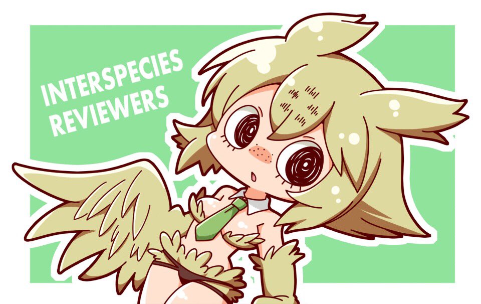 mimilo, ishuzoku reviewers, commentary request, 1girl, black panties, border, breasts, chibi, chibi only, cleavage, collared shirt, copyright name, eyelashes, freckles, green necktie, harpy, large breasts, looking at viewer, monster girl, necktie, open mouth, panties, shirt, short hair, solo, tkyurc, underwear, white border, winged arms, wings