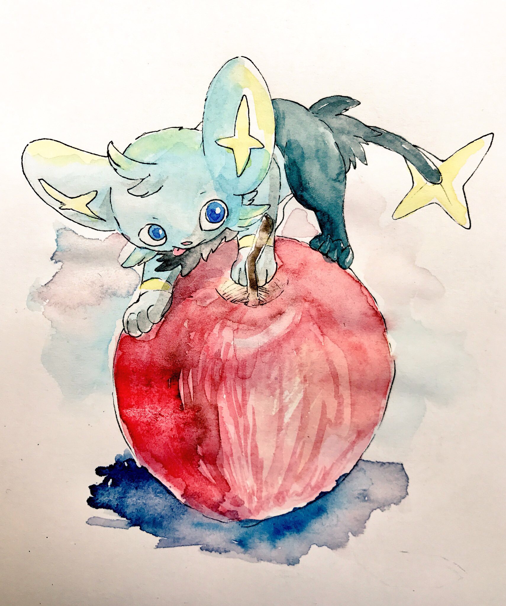 mint nappa, shinx, nintendo, pokemon, commentary request, highres, painting (medium), traditional media, watercolor (medium), animal focus, apple, blue eyes, food, fruit, full body, gen 4 pokemon, no humans, on food, pokemon (creature), simple background, solo, tongue, tongue out
