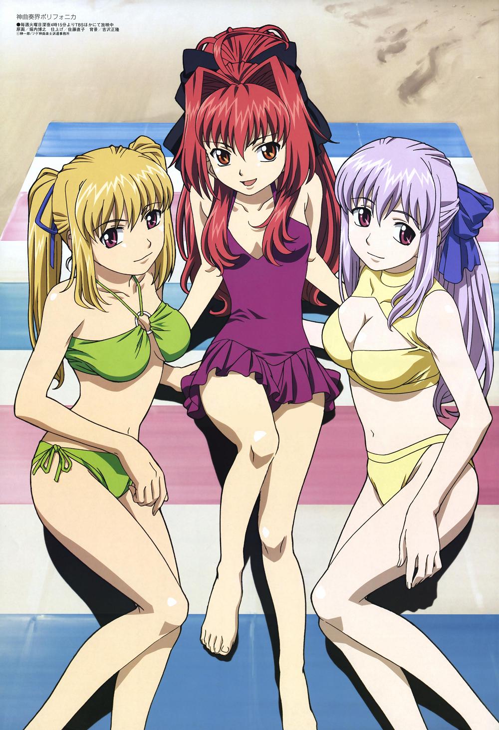 horiuchi hiroyuki, corticarte apa lagranges, yugiri perserte, yugiri princesca, megami magazine, shinkyoku soukai polyphonica, hand on thigh, light purple hair, striped, highres, non-web source, official art, scan, 00s, 3girls, :d, ahoge, arm around waist, barefoot, beach, beach towel, bikini, blonde hair, bow, breasts, casual one-piece swimsuit, cleavage cutout, clothing cutout, feet, female focus, footprints, from above, green bikini, hair between eyes, hair bow, hair intakes, hair ribbon, halterneck, high ponytail, large breasts, legs, light smile, long hair, looking at viewer, multiple girls, narrow waist, navel, o-ring, o-ring bikini, o-ring top, one-piece swimsuit, open mouth, outdoors, pale skin, ponytail, purple eyes, purple hair, purple one-piece swimsuit, reclining, red eyes, red hair, ribbon, shadow, siblings, side-tie bikini bottom, sideboob, sidelocks, sisters, sitting, small breasts, smile, sports bikini, swimsuit, towel, turtleneck, twintails, yellow bikini, yuri