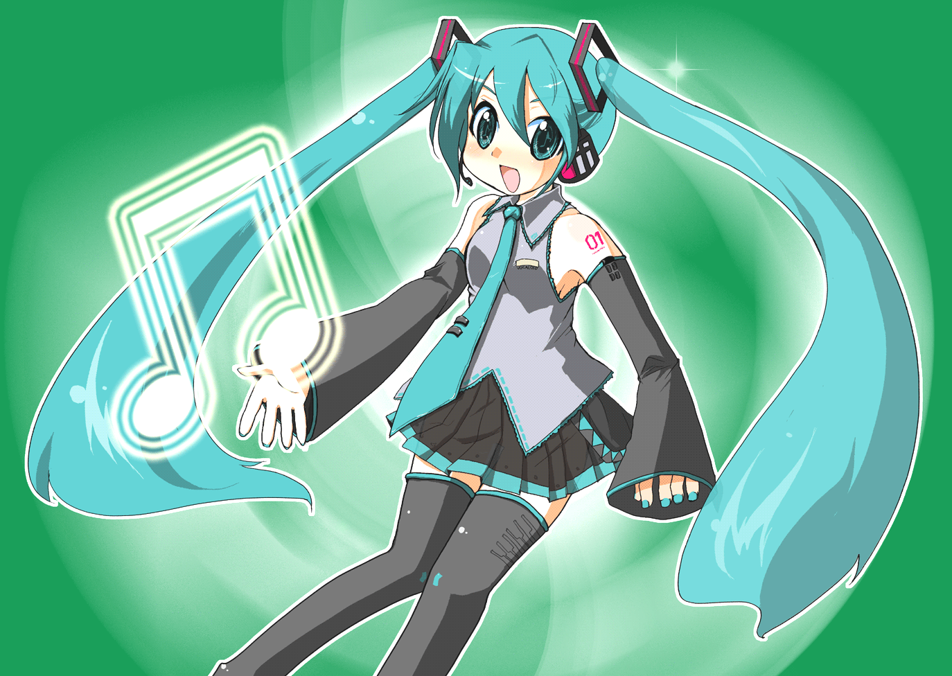 gogatsu, hatsune miku, vocaloid, 1girl, aqua hair, female focus, solo, thighhighs, twintails