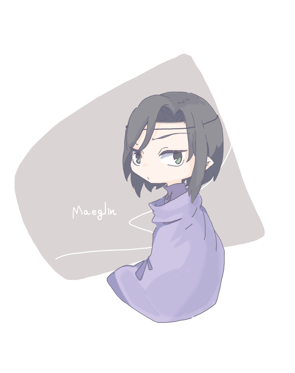 pixiv id 43894224, maeglin, the silmarillion, tolkien's legendarium, 1boy, black hair, character name, chibi, circlet, cloak, collar, elf, green eyes, looking at viewer, male focus, medium hair, pointy ears, solo