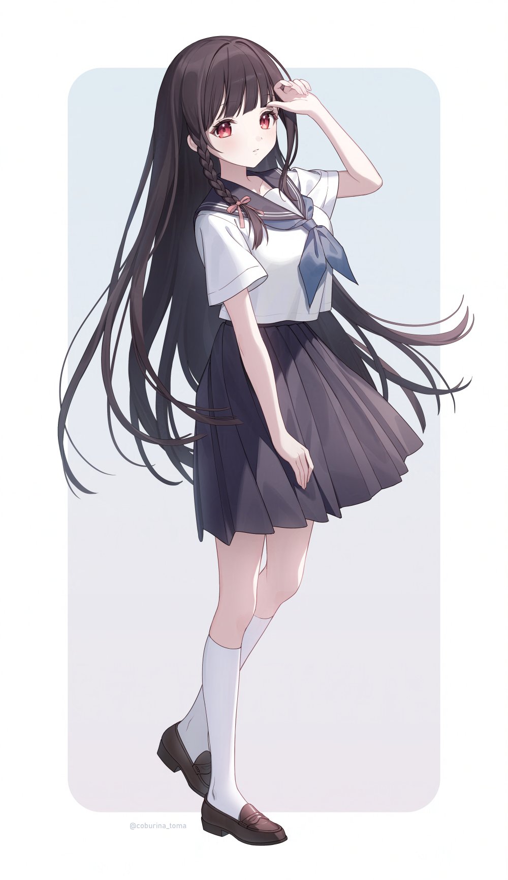 toma (norishio), original, highres, 1girl, artist name, black sailor collar, black skirt, blue background, blue neckerchief, border, braid, breasts, brown hair, full body, gradient background, hair ribbon, hand up, kneehighs, knees, loafers, long hair, looking at viewer, mary janes, medium breasts, neckerchief, outside border, pleated skirt, red eyes, ribbon, sailor collar, sailor shirt, school uniform, serafuku, shirt, shoes, short sleeves, side braid, single braid, skirt, socks, solo, standing, tareme, white border, white socks