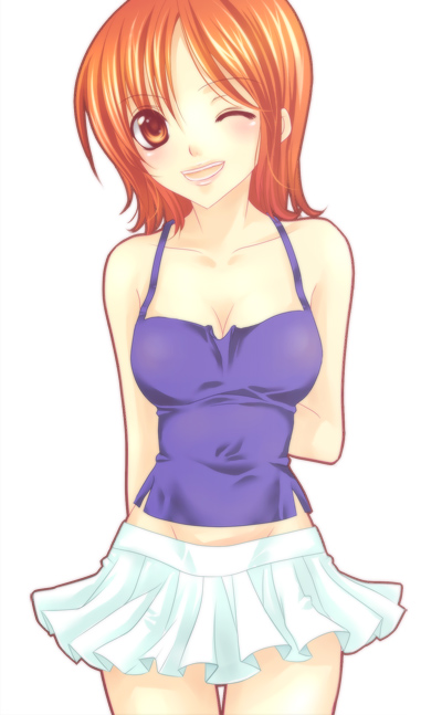 mikazuki sara, bad id, bad pixiv id, 1girl, arm behind back, bare shoulders, blue shirt, blush, breasts, brown eyes, camisole, cleavage, collarbone, cowboy shot, cropped legs, female focus, head tilt, looking at viewer, miniskirt, one eye closed, open mouth, orange hair, shirt, short hair, simple background, skirt, sleeveless, sleeveless shirt, smile, solo, thigh gap, white background, white skirt, wink