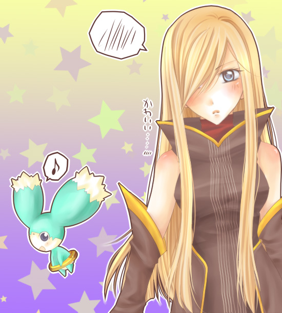 mikazuki sara, mieu (tales), tear grants, tales of (series), tales of the abyss, bad id, bad pixiv id, 00s, 1girl, blonde hair, blue eyes, blush, female focus, long hair, musical note, solo, speech bubble, spoken blush, spoken musical note, star (symbol)