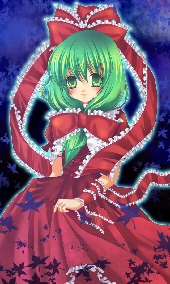 mikazuki sara, kagiyama hina, touhou, bad id, bad pixiv id, 1girl, blush, female focus, frills, front ponytail, green eyes, green hair, plant, ribbon, solo, standing