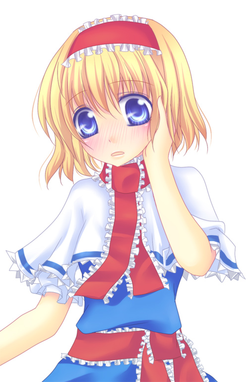 mikazuki sara, alice margatroid, touhou, bad id, bad pixiv id, 1girl, blonde hair, blue eyes, blush, female focus, frills, hairband, simple background, solo, standing, white background