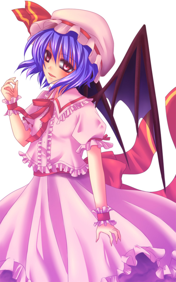 mikazuki sara, remilia scarlet, touhou, bad id, bad pixiv id, 1girl, bat wings, blue hair, female focus, frills, hat, red eyes, ribbon, simple background, skirt, solo, white background, wings