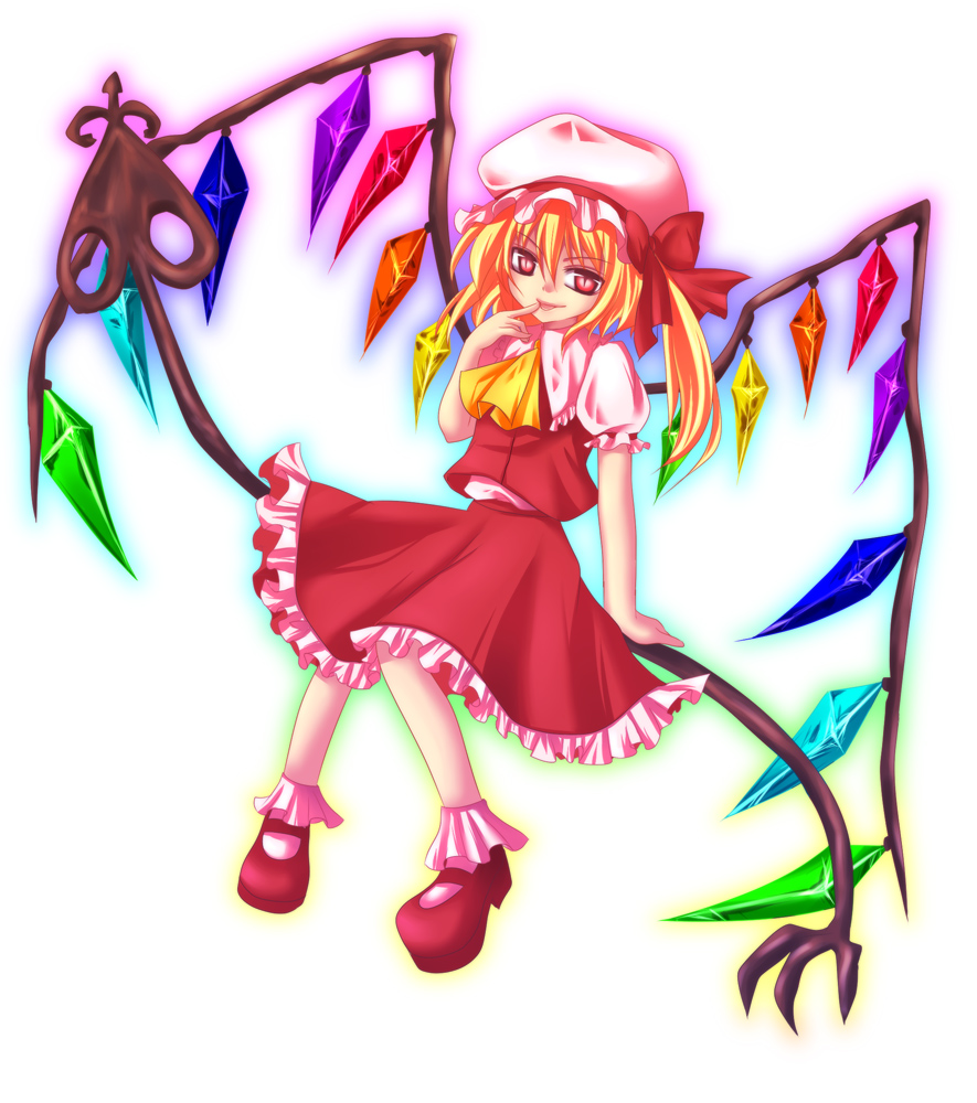 mikazuki sara, flandre scarlet, touhou, bad id, bad pixiv id, 1girl, ascot, blonde hair, crystal, female focus, full body, hair between eyes, hat, laevatein, mob cap, outline, rainbow order, red eyes, red shoes, shoes, simple background, sitting, socks, solo, tail, tongue, white background, wings, yellow ascot