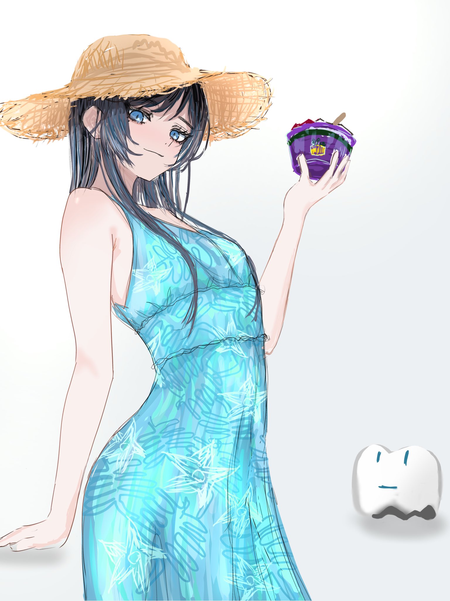 chando (ado), ado (utaite), commentary, english commentary, highres, 1girl, black hair, blue dress, blue eyes, bowl, breasts, brown hat, closed mouth, dress, fukase (ki16d6rjic81961), ha-chan (ado), hat, holding, holding bowl, mole, mole under eye, sidelocks, simple background, sleeveless, sleeveless dress, small breasts, solo, utaite, white background
