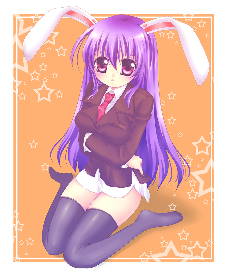 mikazuki sara, reisen udongein inaba, touhou, bad id, bad pixiv id, 1girl, animal ears, female focus, full body, legs, necktie, purple hair, rabbit ears, red eyes, sitting, solo, thighhighs