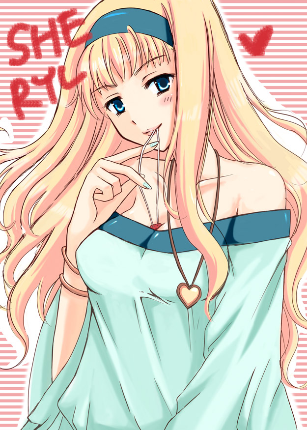 haco, haco (risebox), sheryl nome, macross, macross frontier, 00s, bare shoulders, between breasts, blonde hair, blue eyes, breasts, hairband, jewelry, mouth hold, necklace, solo