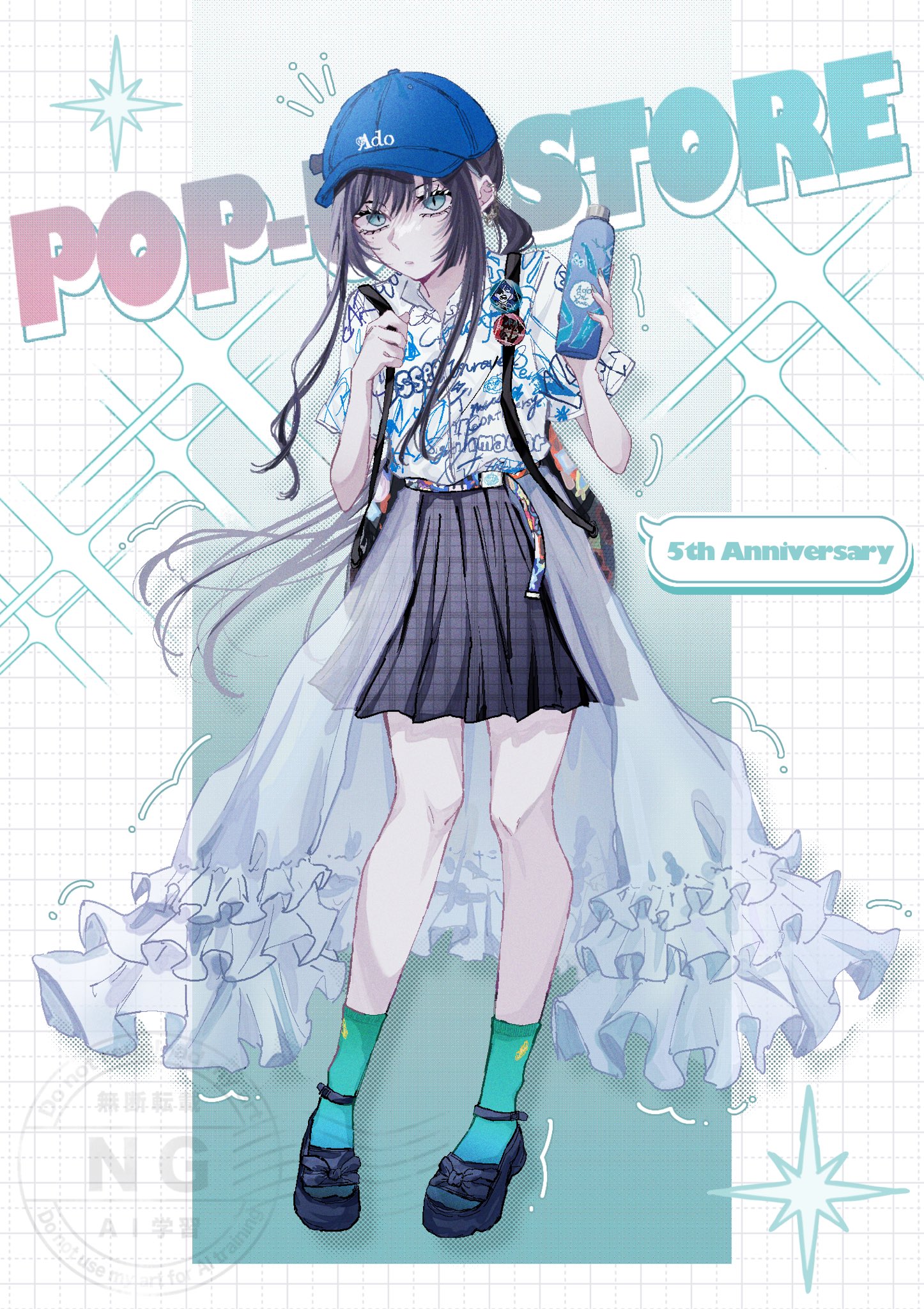 oyashirazu (adochan daisuki), chando (ado), naima (ado), ado (utaite), usseewa, commentary, highres, 1girl, backpack, bag, baseball cap, black bag, black hair, black shoes, black skirt, blue eyes, blue hat, blue socks, bottle, full body, hat, holding, holding bottle, long hair, mole, mole under eye, open mouth, pleated skirt, shirt, shoes, sidelocks, skirt, socks, solo, sparkle, utaite, white shirt