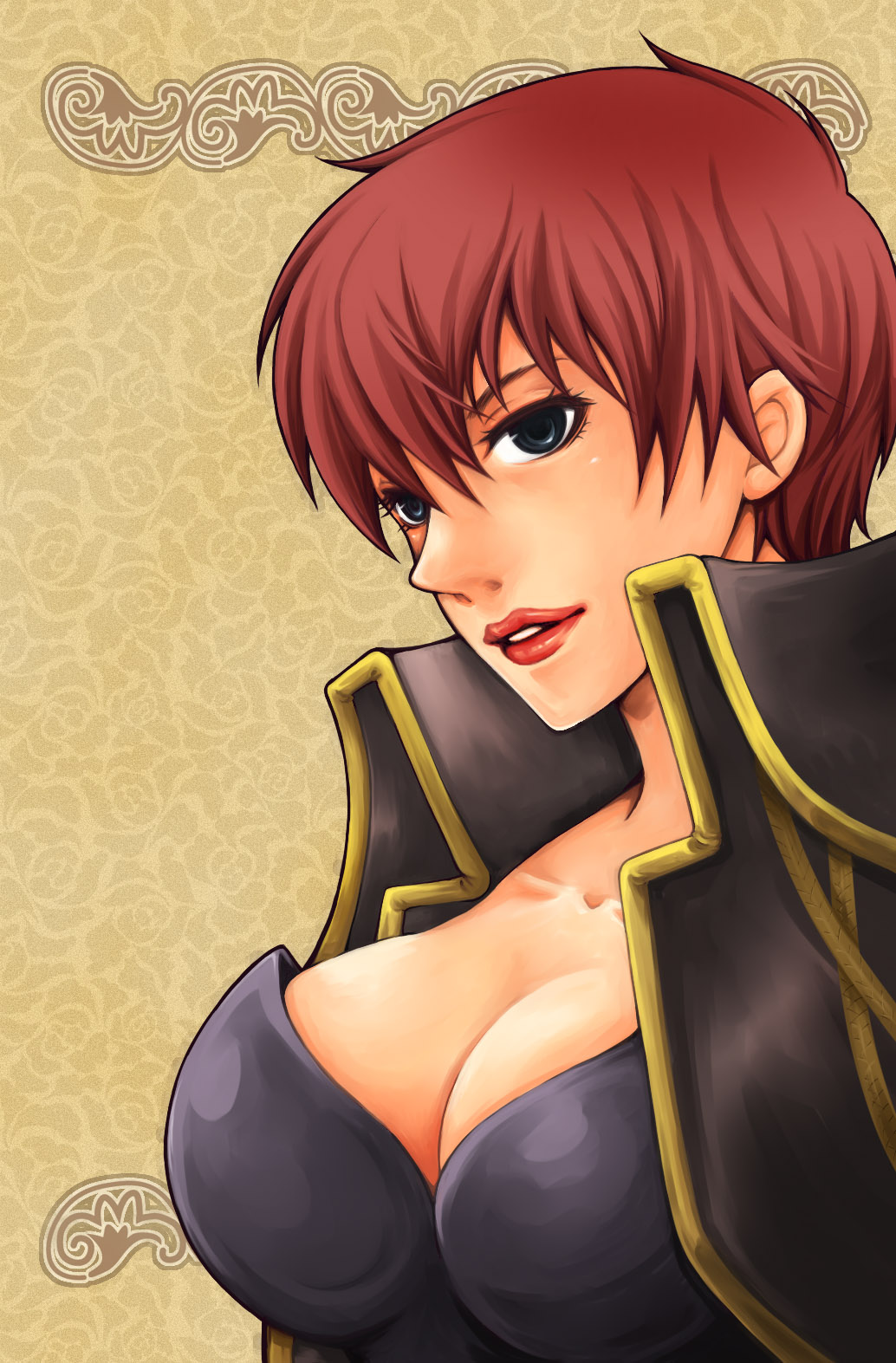 sasara housara, bad id, bad pixiv id, highres, 1girl, blue eyes, breasts, cleavage, female focus, large breasts, lipstick, makeup, red hair, short hair, solo