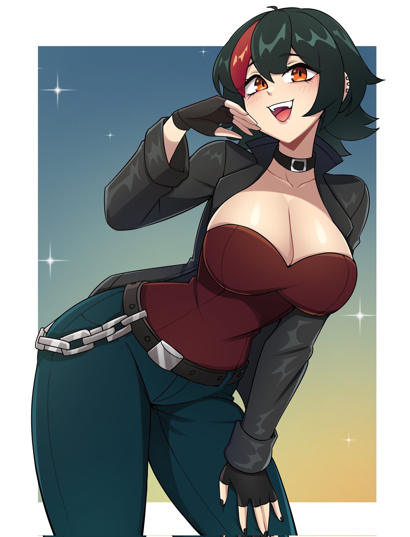 oninuer, original, commentary, commission, english commentary, highres, 1girl, belt, belt buckle, black belt, black choker, black gloves, black hair, black jacket, blue background, blue pants, border, breasts, buckle, choker, cleavage, collarbone, cowboy shot, fingerless gloves, gloves, hand up, jacket, large breasts, long sleeves, looking at viewer, multicolored hair, open clothes, open jacket, open mouth, orange eyes, outside border, pants, red shirt, red streaks, shirt, short hair, single hair streak, smile, solo, streaked hair, white border
