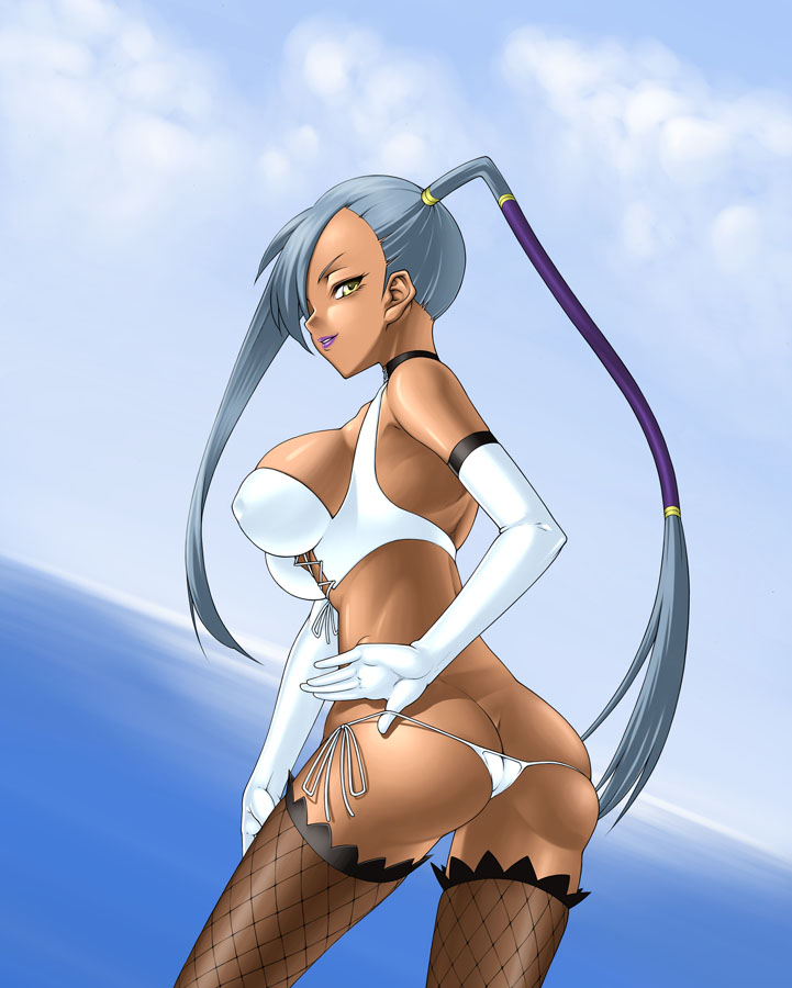 murazono, villetta nu, code geass, silver hair, 00s, 1girl, ass, bikini, blue hair, breasts, butt crack, dark-skinned female, dark skin, elbow gloves, female focus, fishnets, gloves, lace up front, laceups, large breasts, lowleg, lowleg bikini, ponytail, side-tie bikini bottom, skindentation, solo, swimsuit, thighhighs