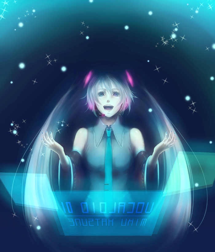 ria (rilpoppo), hatsune miku, vocaloid, bad id, bad pixiv id, 1girl, detached sleeves, female focus, green eyes, green hair, long hair, microphone, necktie, open mouth, solo, twintails