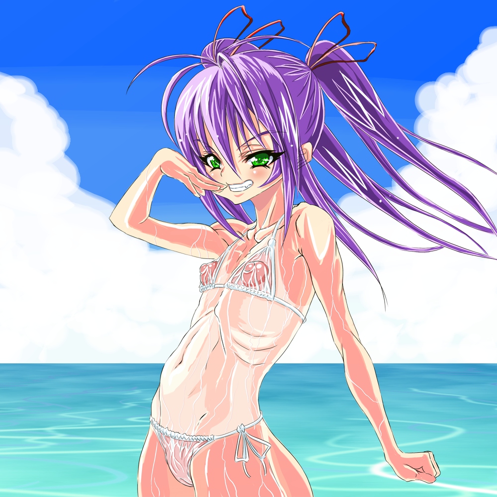inagaki, al azif (demonbane), demonbane, bad id, bad pixiv id, 00s, 1girl, bikini, cloud, day, female focus, flat chest, green eyes, naughty face, nipples, ocean, one-piece tan, puffy nipples, purple hair, ribs, see-through clothes, side-tie bikini bottom, skinny, sky, solo, swimsuit, tan, tanline, twintails, water, wet, what