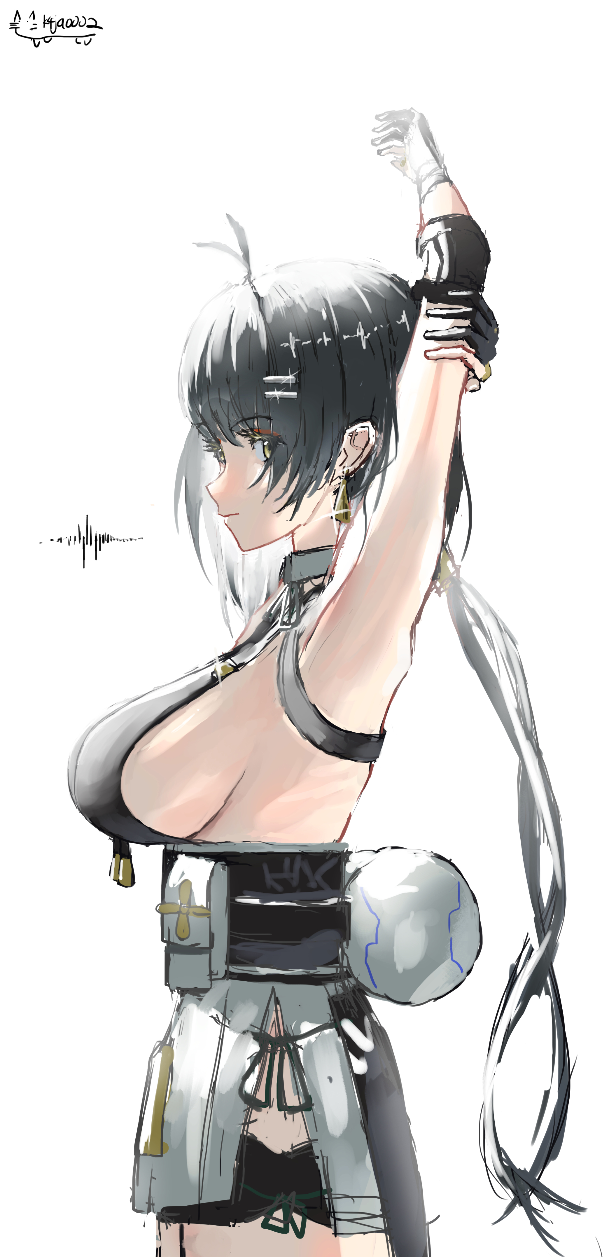 female rover (wuthering waves), rover (wuthering waves), wuthering waves, absurdres, commentary request, highres, 1girl, black dress, black hair, black shorts, breasts, cowboy shot, dress, earrings, from side, hair ornament, hairclip, jewelry, k4ja0002, large breasts, long hair, low ponytail, pangu terminal (wuthering waves), parallel hairclips, ponytail, short shorts, shorts, sideboob, sideways glance, simple background, solo, triangle earrings, white background, yellow eyes