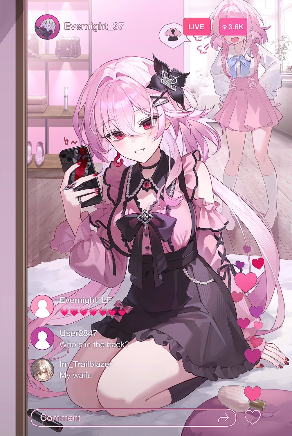miho (mymiho), evernight (honkai: star rail), march 7th (honkai: star rail), stelle (honkai: star rail), trailblazer (honkai: star rail), honkai: star rail, honkai (series), hashtag-only commentary, highres, 2girls, alternate costume, black nails, black skirt, black socks, breasts, cleavage, clenched teeth, clothing cutout, fake phone screenshot, fake screenshot, hair between eyes, hair ornament, holding, holding phone, indoors, kneehighs, large breasts, livestream, long hair, looking at mirror, mirror, mirror selfie, multicolored nails, multiple girls, phone, pink hair, pink shirt, pink skirt, red eyes, red nails, seiza, selfie, shirt, shoulder cutout, sitting, skirt, smile, socks, standing, suspender skirt, suspenders, teeth, very long hair, white socks