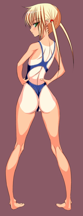 inagaki, sanzen'in nagi, hayate no gotoku!, bad id, bad pixiv id, long image, tall image, 00s, 1girl, ass, bad anatomy, bad proportions, barefoot, bikini, blonde hair, competition swimsuit, female focus, green eyes, hands on own hips, hip focus, loli, looking back, one-piece swimsuit, one-piece tan, poorly drawn, solo, swimsuit, tan, tanline, twintails, wedgie, wide hips