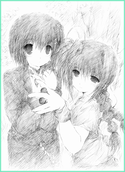 yamabuki merou, vita (nanoha), yagami hayate, lyrical nanoha, mahou shoujo lyrical nanoha, mahou shoujo lyrical nanoha strikers, 00s, braid, greyscale, monochrome, sketch, twin braids, wristband