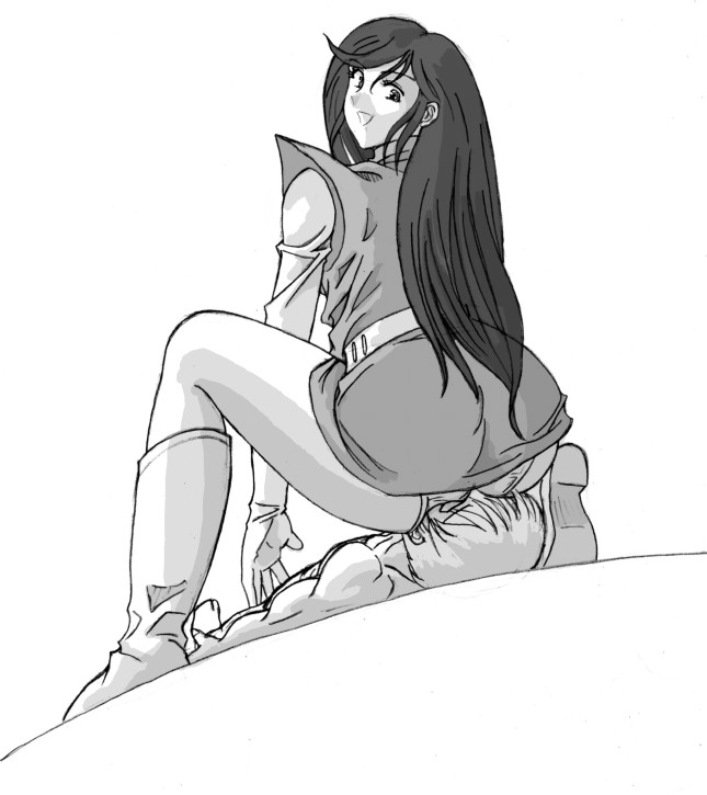 ass, greyscale, long hair, monochrome, panties, sitting, sitting on face, sitting on person, solo focus, underwear