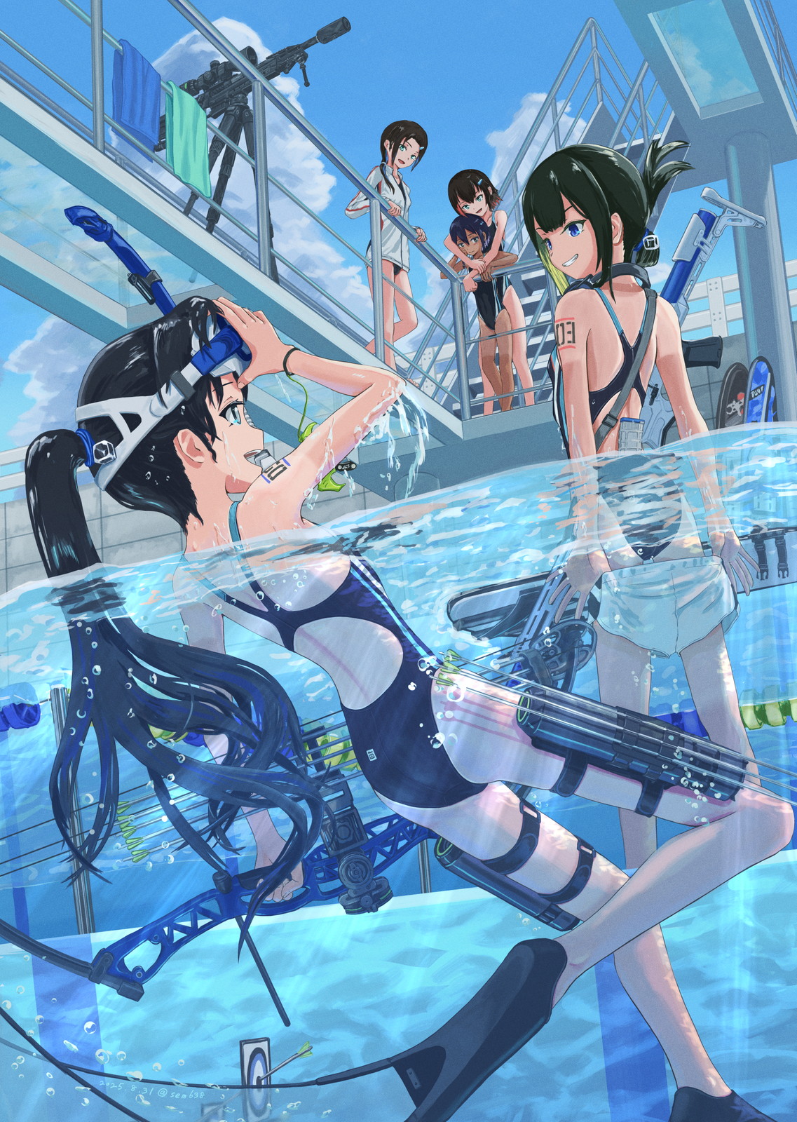 sem (sempix), original, commentary, commentary request, english commentary, highres, mixed-language commentary, 5girls, black hair, black one-piece swimsuit, blue sky, cloud, competition swimsuit, day, diving mask, diving mask on head, folded ponytail, from below, goggles, goggles on head, gun, long hair, multiple girls, one-piece swimsuit, outdoors, partially underwater shot, racerback, rifle, short hair, sky, sniper rifle, stairs, swimsuit, water, water gun, weapon