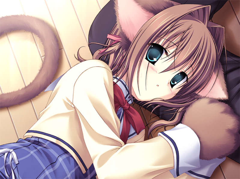 tanihara natsuki, asakura yume, da capo, da capo ii, game cg, jpeg artifacts, 00s, 1girl, animal ears, animal hands, brown hair, cat ears, cat tail, female focus, green eyes, school uniform, serafuku, solo, tail